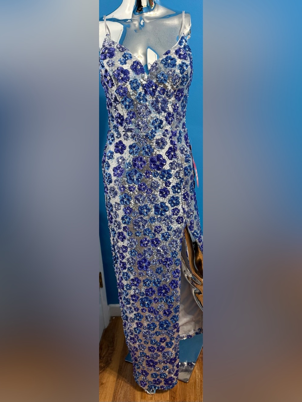 B. Smart Blue & Silver Sequin Floral Maxi Dress Size 5/6